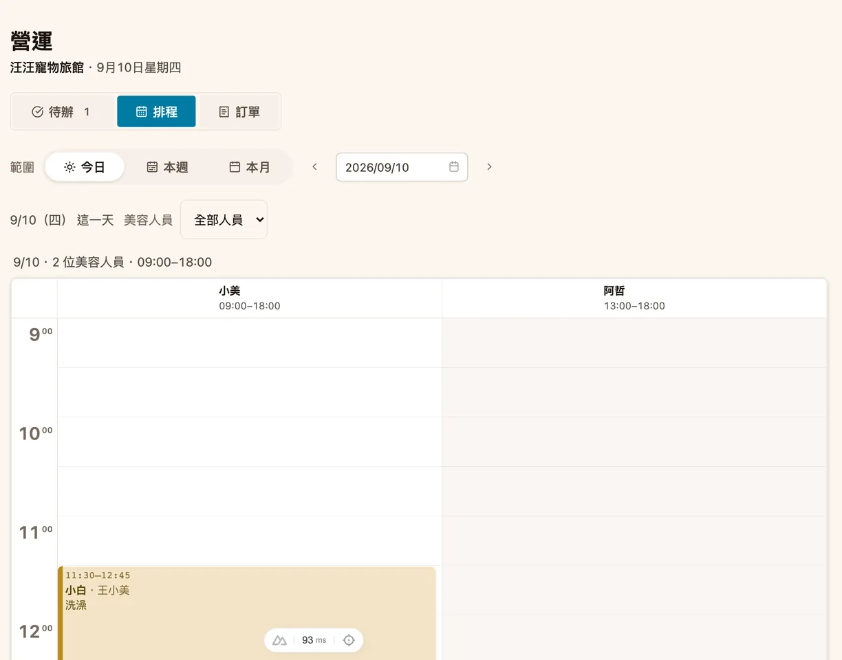 店家後台的營運排程：9 月 10 日兩位美容人員的時段表，11:30 有一筆洗澡預約